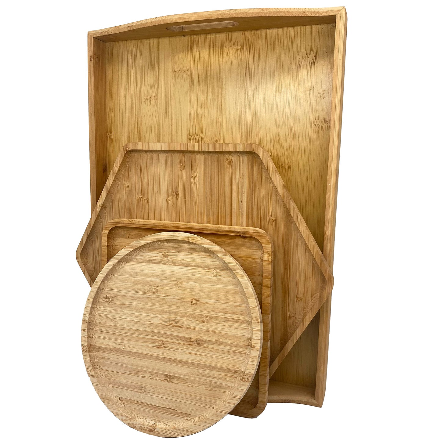Bamboo Serving Trays Charcuterie Platter 16.5"x11.8"（42x30cm with Handle, Set Includes 1xHexagon 12.5"(32cm)+1xSquare 7.8"(20cm)+1xSquare 5.9"(15cm) Small Plates for Family Dinner