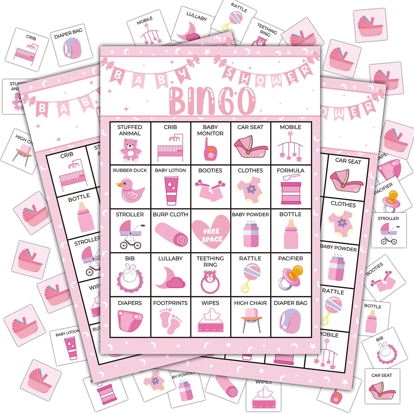 Disfuco Pink Shower Party Bingo Cards, Shower Bingo Game, Shower Party Games for Adults, Gender Reveal Party Games Favors Supplies Decorations, 24 Players Bingo Game (A03)