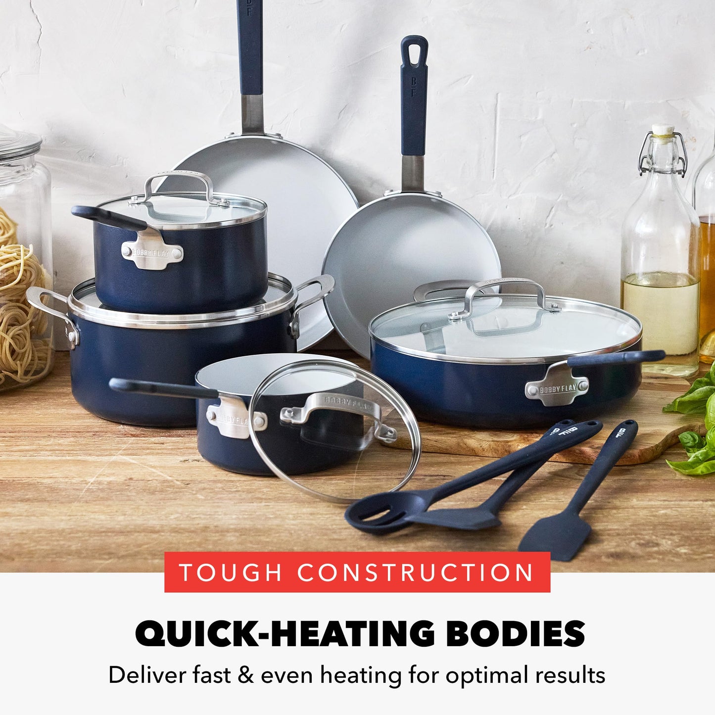 GreenPan x Bobby Flay 13 Piece Nonstick Cookware Pots and Pans Set, PFAS-Free Diamond Ceramic, Induction Suitable, Easy Clean Dishwasher & Oven Safe, Stay-Cool Silicone Handles, Glass Lids, Navy Blue