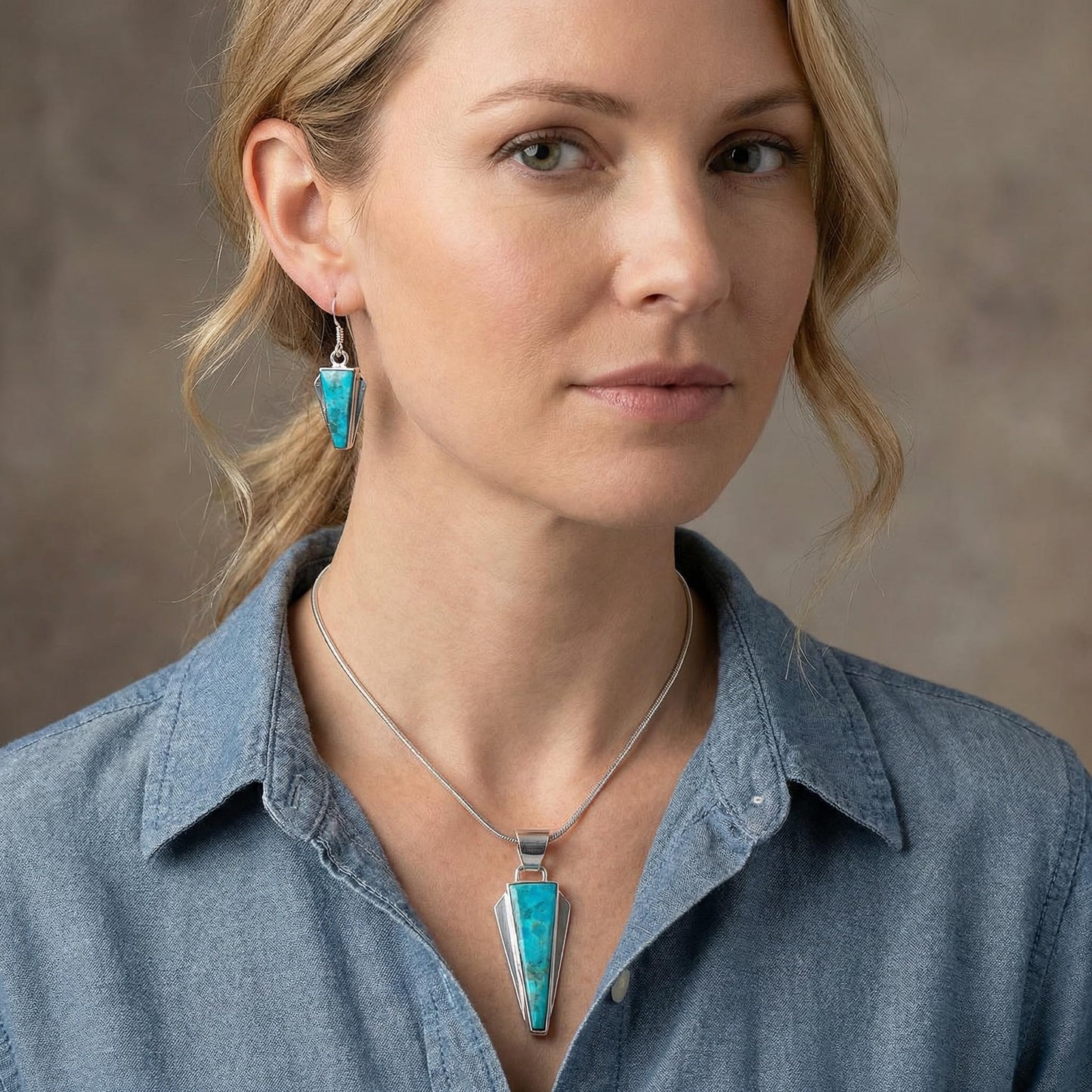 Matching Turquoise Pendant & Earrings Set 925 Sterling Silver (Pendant, Earrings, Stainless Necklace 20")(Turquoise)