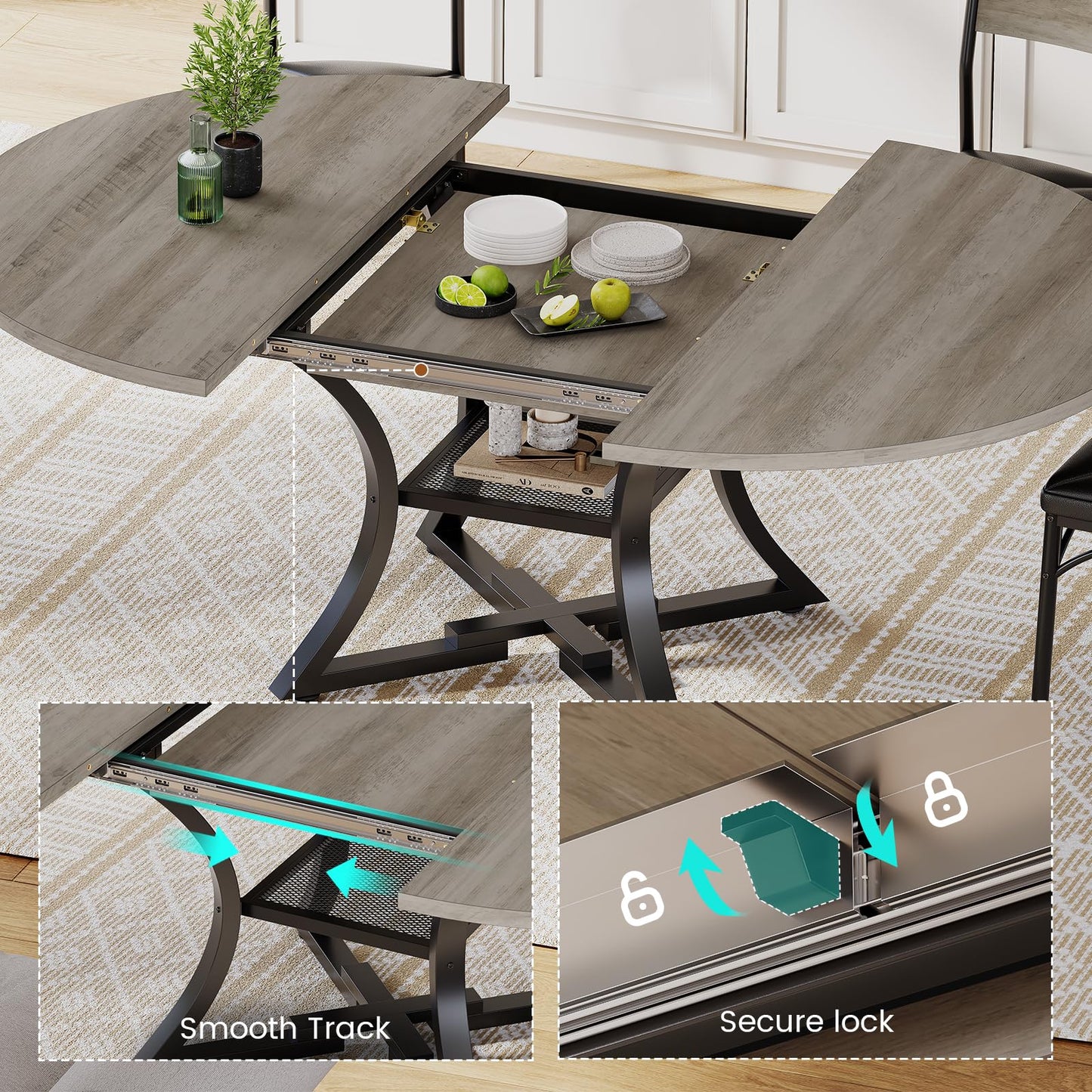 Itaar Round Extendable Dining Table Set for 4-6 People, 5-Piece Kitchen Table Set with 4 Cushion Chairs, Dining Room Table for 6 with MDF Board & Metal Frame for Small Space, Easy Clean, Grey