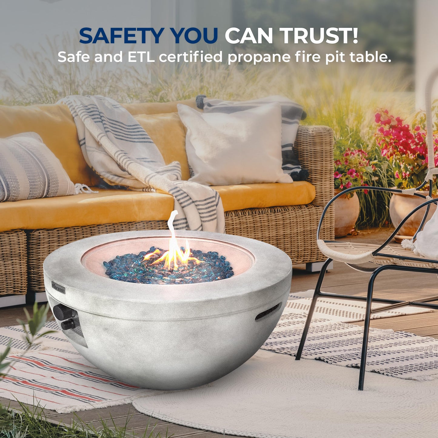 SereneLife 40,000 BTU Propane Fire Pit Table, Round Gas Fire Table with Adjustable Flame Height, Weather Resistant, Blue Glass Rocks, Safe and ETL Certified for Outdoor Use, 30" x 30" x 16.9" Inch