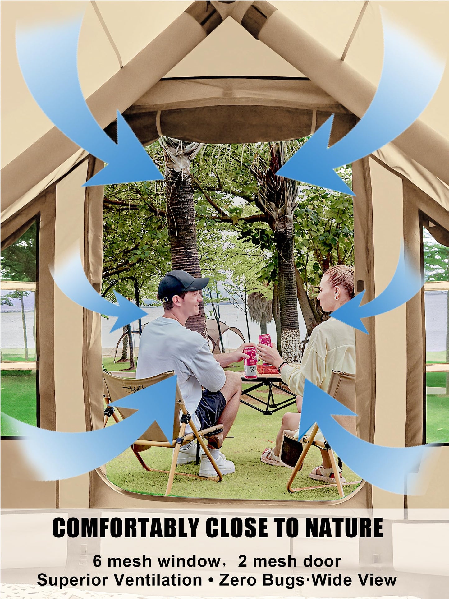 Inflatable Tents for Camping 2-4 Person - Easy Blow Up Glamping Tent with Hand Pump, Waterproof PVC Air Inflatable Tent House for Family Weekend Camping, Beige