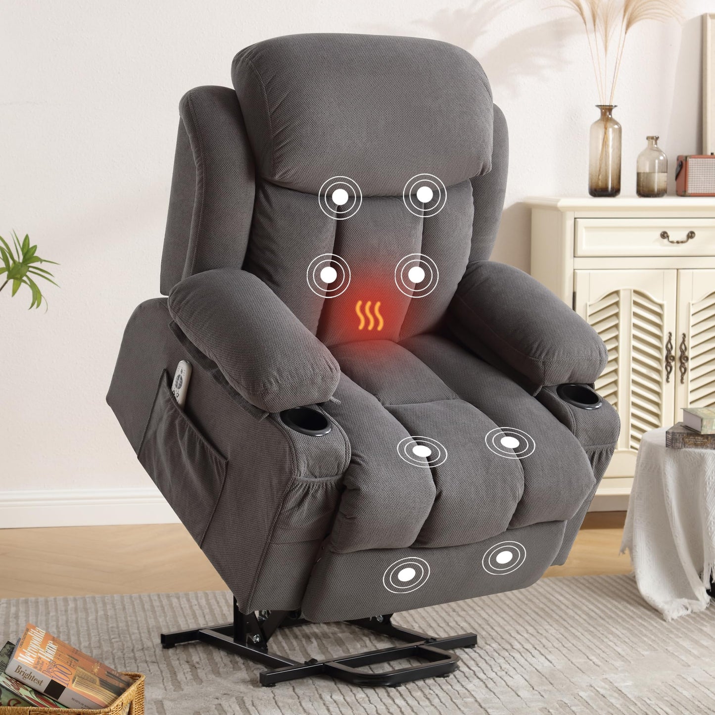 BOSMILLER Power Lift Recliner Chair for Elderly with Vibration Massage and Lumbar Heating Electric Oversized Single Sofa with Cup Holder and USB Charge Port for Living Room