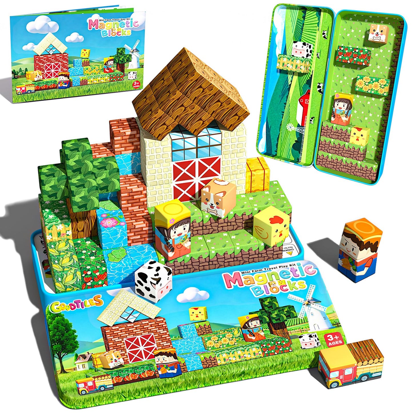 Mini Magnetic Blocks, Magnet Building Cubes, Farm Animal Travel Outdoors Toys with Portable Iron Box, STEM Montessori Sensory Educational Toys for Toddlers, Gift for Kids Ages 3-8 Boys & Girls