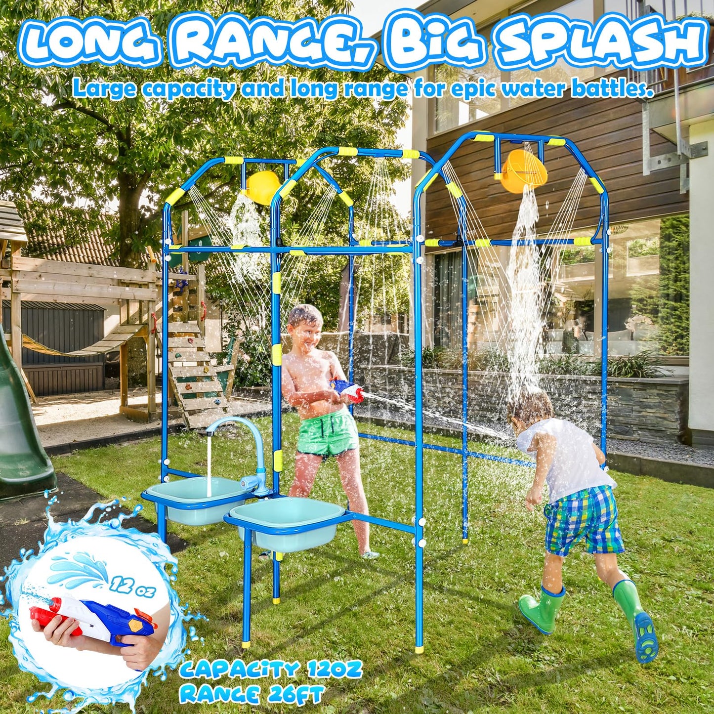THISWUW Water Park Sprinkler Toy for Kids, Heavy-Duty Steel Backyard Waterpark Splash Game with Shooting Toys, Splash Buckets, Water Table & Faucets, Water Play Activities Outdoor Summer Fun