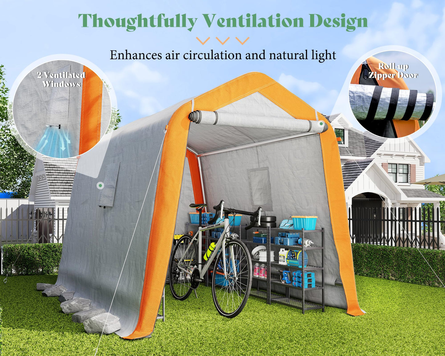 AMERLIFE 6x8x6.6 FT Heavy Duty Portable Shed Storage Shelter, Outdoor Storage Shed with 2 Waterproof Windows & Roll-Up Zipper Door, Carport for Motorcycle, Bike, Gray