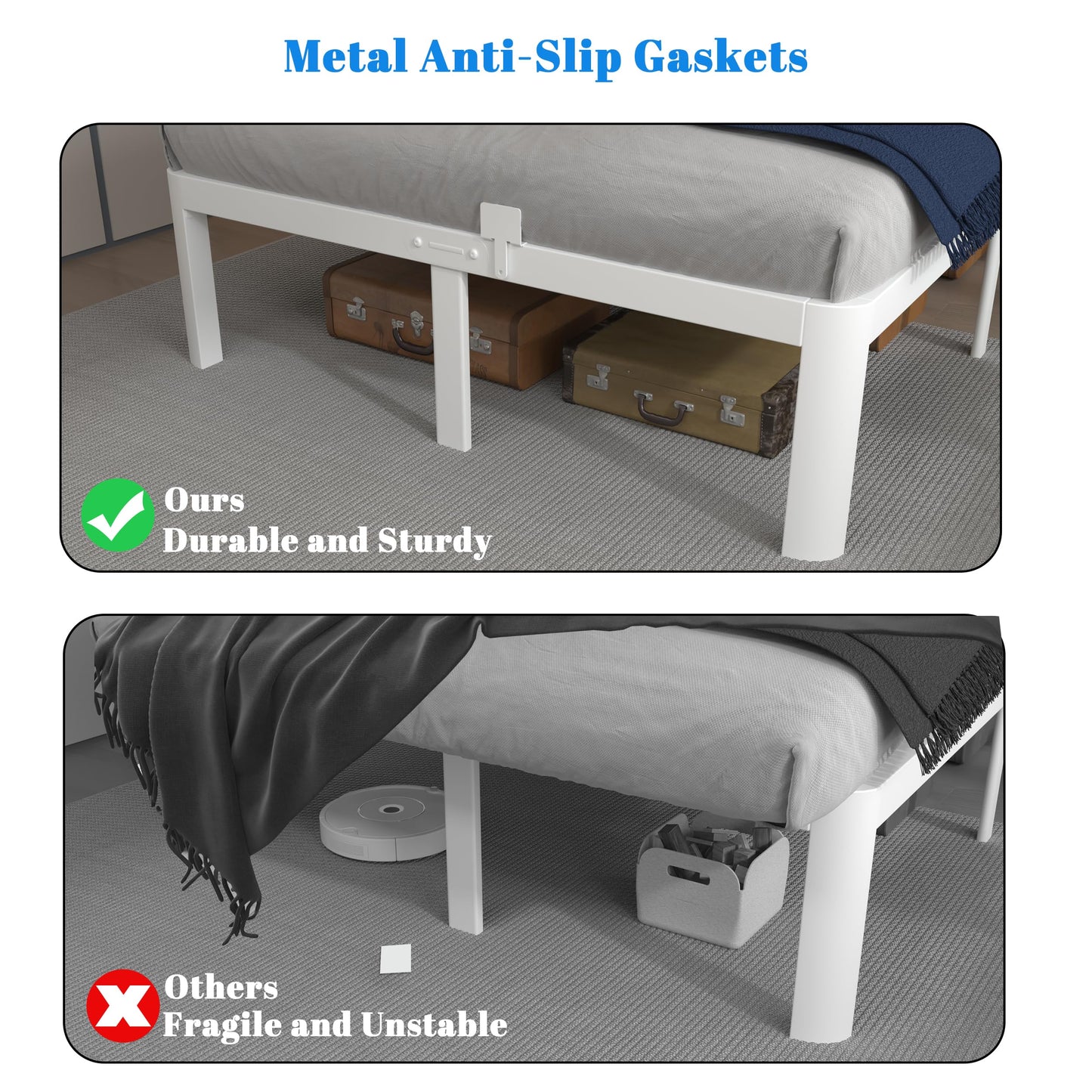KOSOSO 12 Inch King Size Bed Frame with Metal Gaskets, White Bed Frame King Size No Box Spring Needed, Heavy Duty Steel Platform Support, Round Corner Design, Reserved Holes, Noiseless, Storage Space