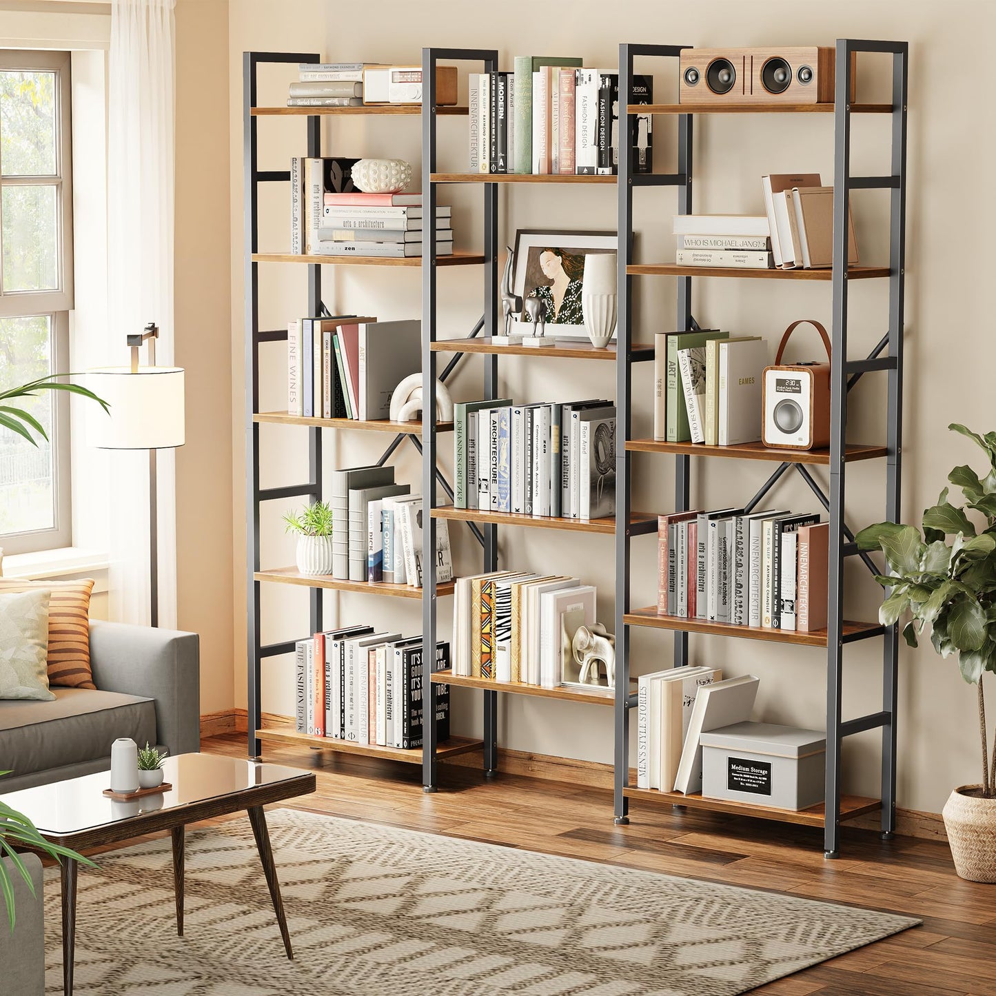 SUPERJARE Triple Bookshelf, Bookcase with 11 Open Display Shelves, Wide Book Shelf Book Case for Home & Office, 5 Tier, Rustic Brown