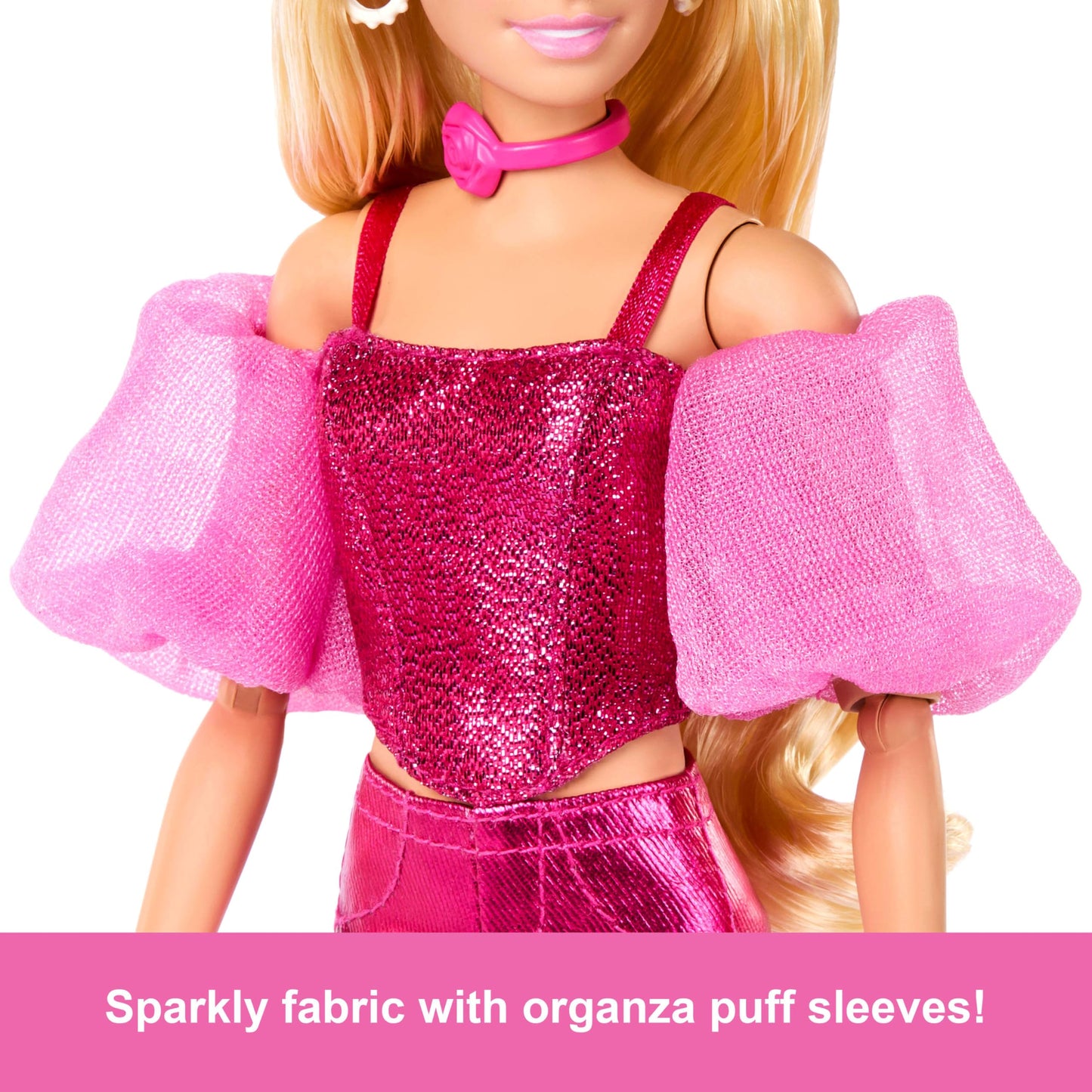 Barbie Deluxe Style Doll #5 in Metallic Pink Outfit, Blonde Hair, Sparkly Corset Top and Shiny Pants with Accessories Like Rose Necklace and Handbag