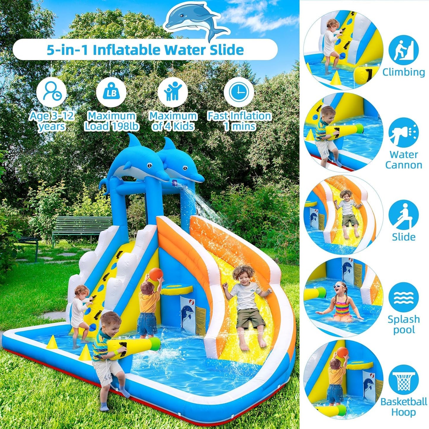 TOAOB Inflatable Water Slide,5 in 1 Dolphin Inflatable Bounce House for Kids- Climbing Wall Splash Pool Water Cannon Basketball Rim - 480W Blower - for Indoor Outdoor Backyard Birthday Party
