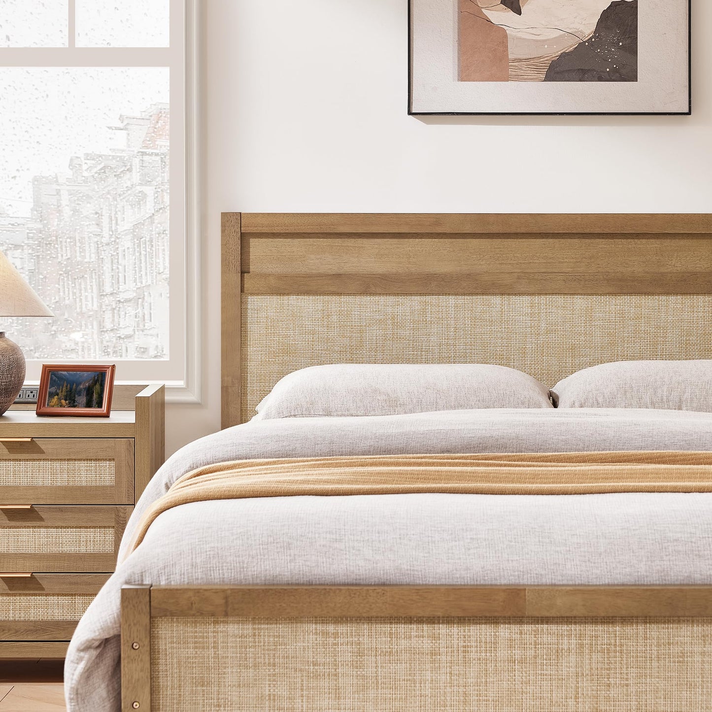 SICOTAS Rattan Queen Bed Frame with Tall Headboard, 15 Inch Natural Solid Wood Platform Bed Boho Bedframe with Wooden Slats Support & Under Bed Storage, Noise Free, Easy Assembly, Oak