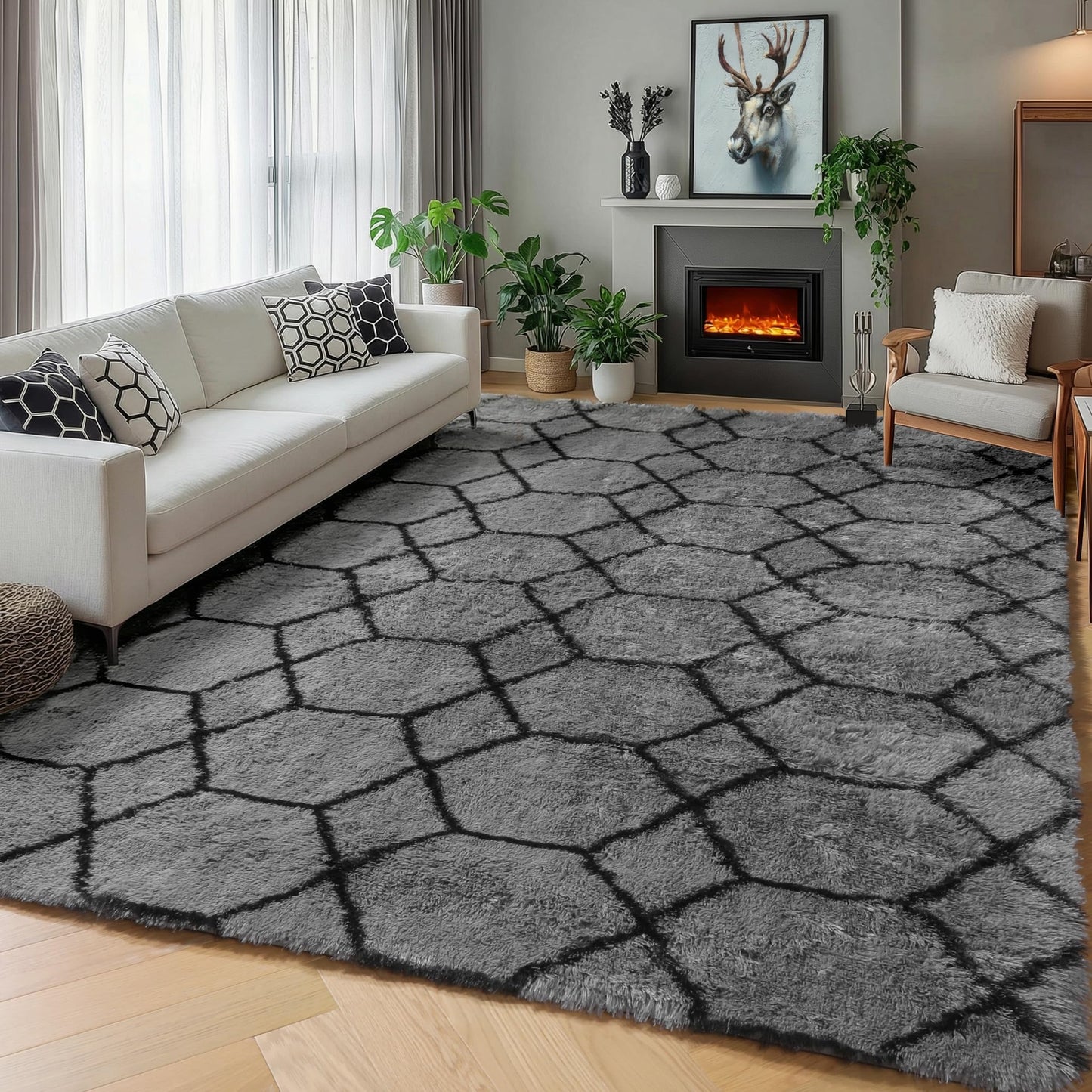 ONASAR Area Rugs for Bedroom Living Room, 4x6 Fluffy Grey and Black Rug, Shaggy Geometric Floor Mat for Home Decor Aesthetic, Soft Plush Fuzzy Carpet for Nursery Kids Teen Dorm