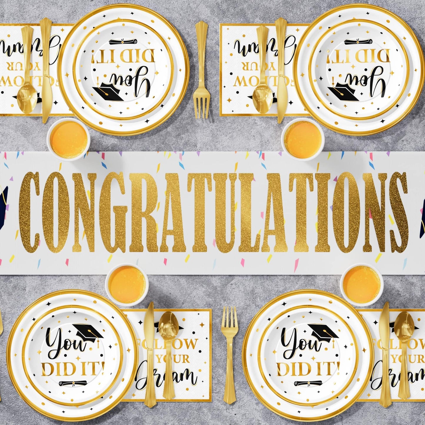 Ecomore Graduation Decoration Class of 2026, 350PCS Graduation Party Supplies Disposable Dinnerware(Serve 50) with Paper Plates Cup Napkin Fork Knife Spoon College High School Grad Decor(White & Gold)