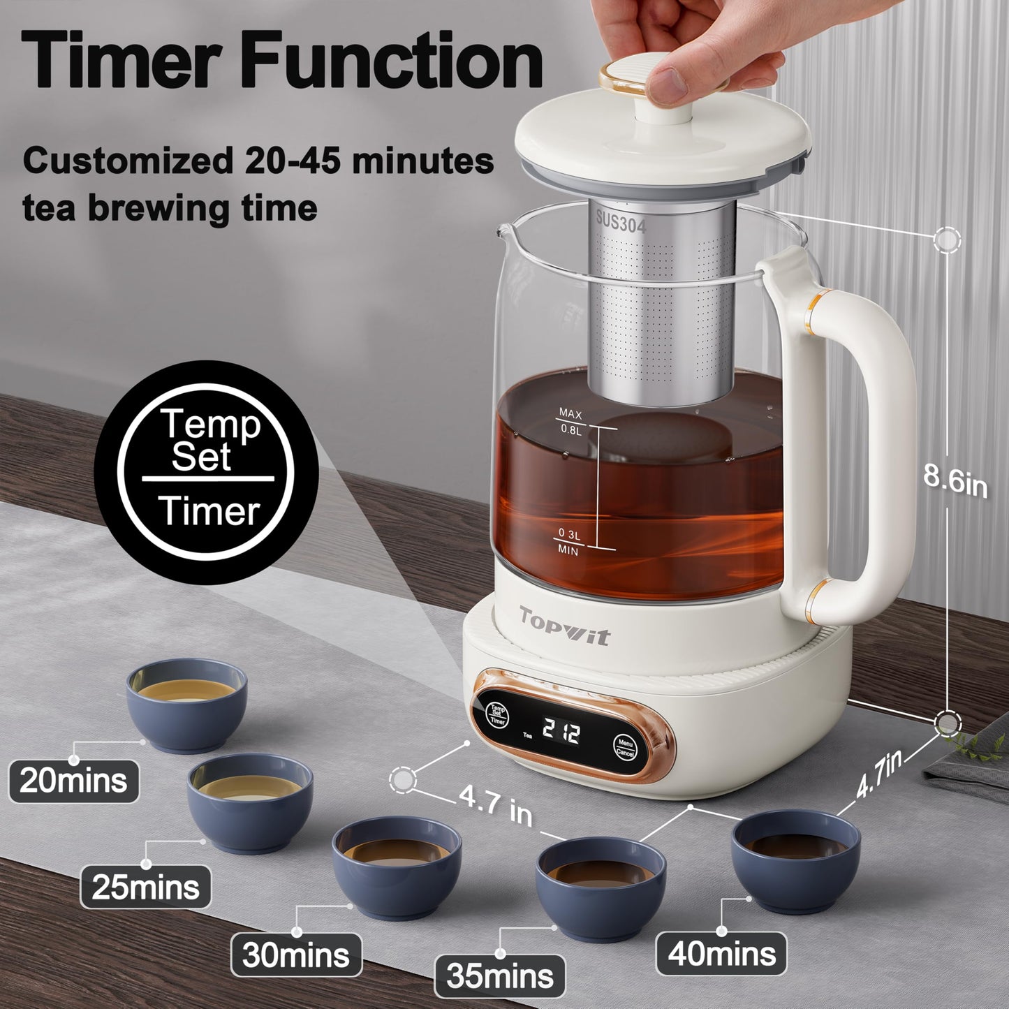 Topwit Electric Tea Kettle, 11 Temperature Control & 4 Presets Glass Kettle with Removable Infuser, 0.8L Electric Kettle for Coffee, Formula, Tea Maker with 8H Keep Warm, Boil-dry Protect, Beige
