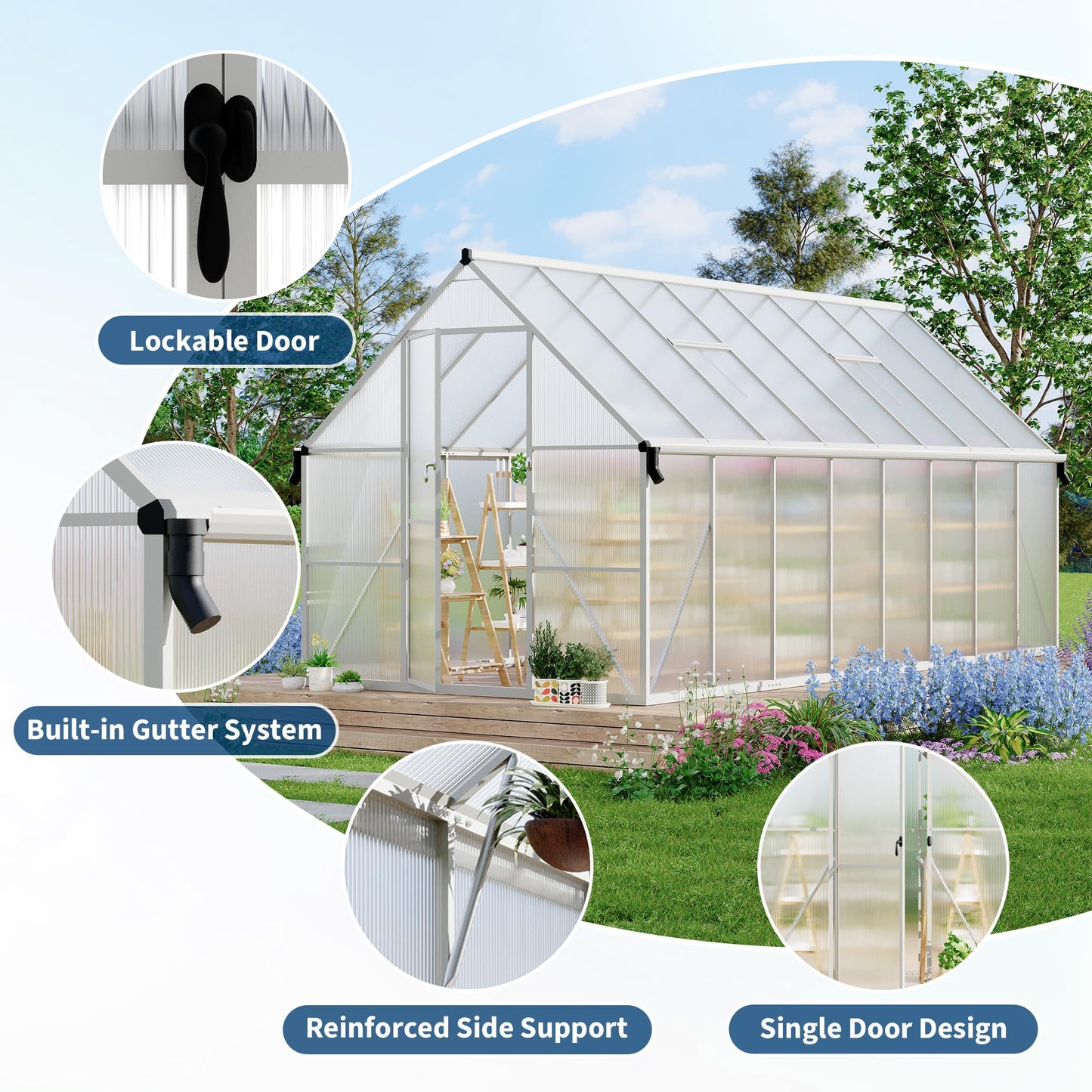 8X16 ft Polycarbonate Greenhouse with Aluminum Frame, Polycarbonate Greenhouse for Outdoors, Greenhouses with Ventilation and Rain Gutter, Aluminum Large Walk-in Greenhouses for Outside