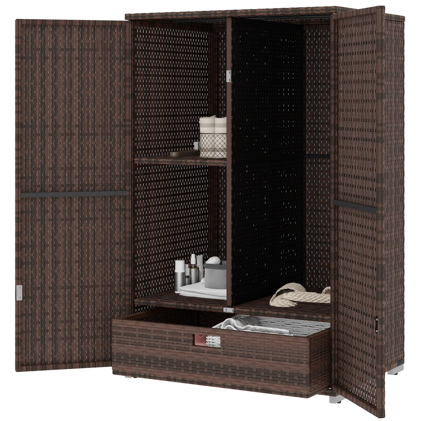 Outsunny Wicker Outdoor Storage Cabinet with Shelves, 2-Door Rattan Pool Towel Storage Cabinet with Removable Shelf & Drawer, Outdoor Towel Holder for Garden, Backyard, Porch, Mixed Brown