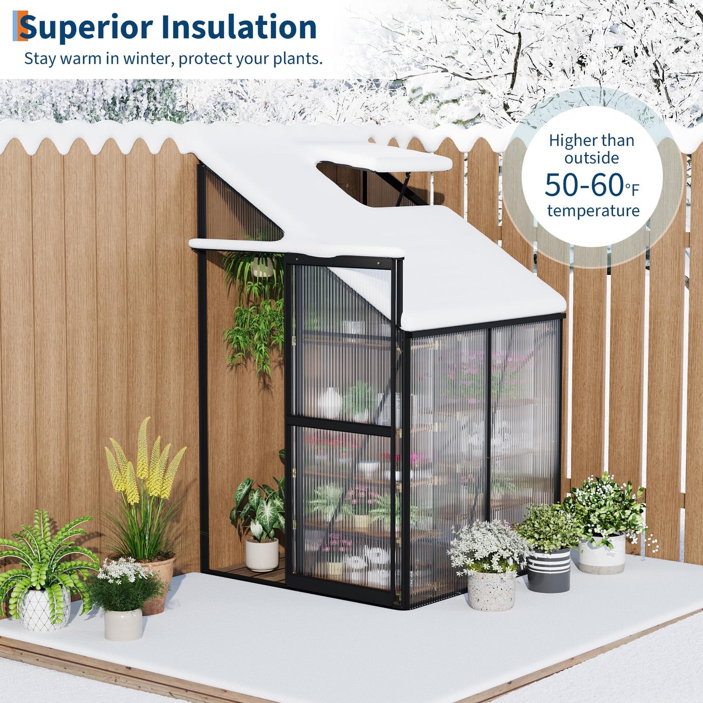 GarveeHome 4x4FT Lean to Greenhouse, Small Walk-in Polycarbonate Greenhouse with Adjustable Vent Window, Sliding Door, Portable Green House Kit for Outdoors, Winter