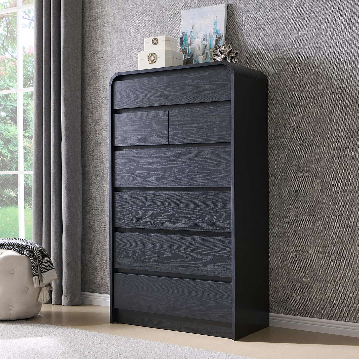 Aitjunz Modern 7 Drawers Dresser for Bedroom, 55" Tall Dressers & Chest of Drawers w/Curved Profile Design, Wood Mid Century Vertical Storage Dressers Organizer for Bedroom, Living Room, Black