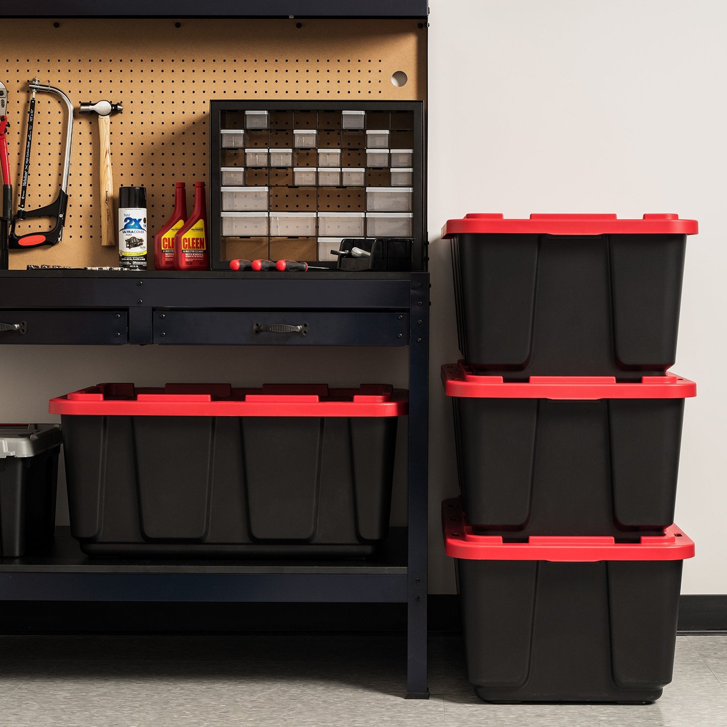 IRIS USA 27 Gallon Heavy Duty Truck Bed Toolbox Storage Tote Bins with Lids, 4 Pack - Made in USA, Tough Snap On Lockable Lid Stackable Industrial Tubs, Garage Organization Reusable Box - Red