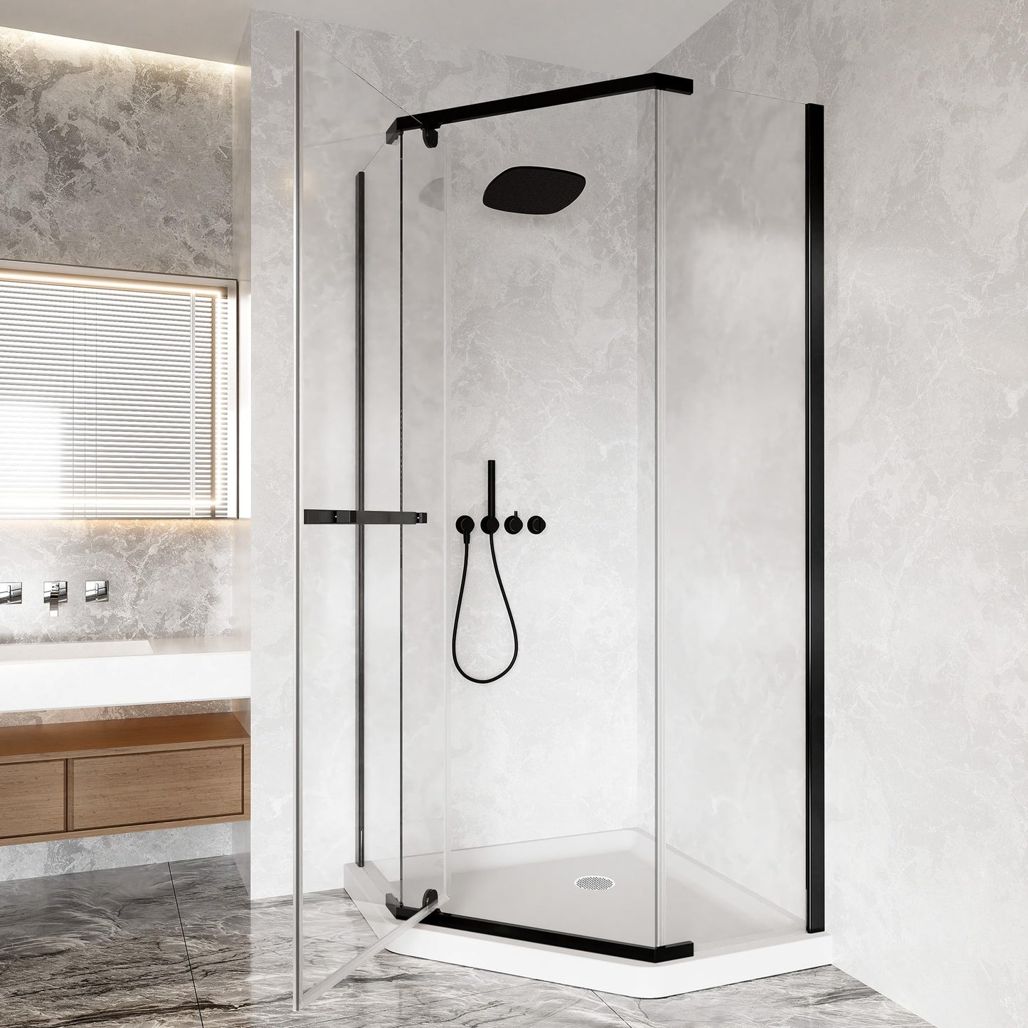CKB Pivot Shower Door, 36" D x 36" D x 76" H, 1/4" ANSI Tempered Glass with Easy-Clean, Reversible Left or Right Corner Shower Glass Door. with Stainless Steel Towel Bar. Matte Black