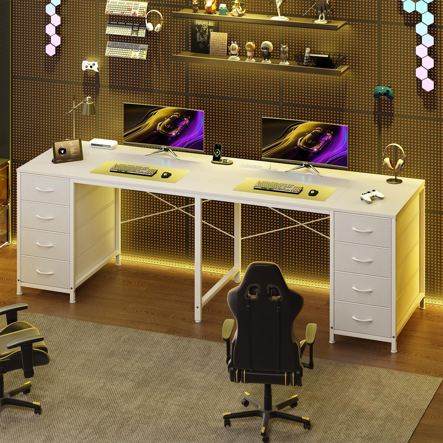 TVU 2 Person Desk with 8 Drawers, Large Home Office Computer Desk with Power Outlets, 78 Inch Long Double Desks for Two People, White
