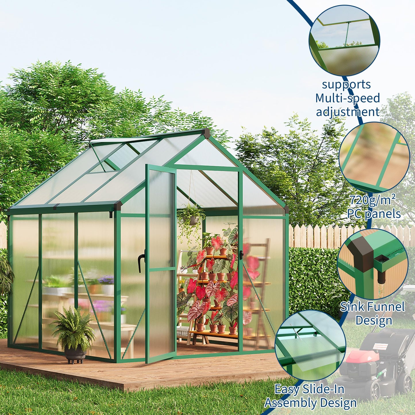 6X6 Ft Polycarbonate Greenhouse Sunroom with Aluminum Frame, Outdoor Greenhouse for Vegetables Herbs Flowers, Lockable Door & Adjustable Roof Vent, Patio Backyard Greenhouse Kit for Gardening, Green