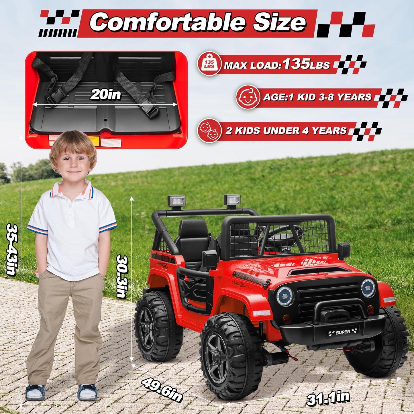 24V XL Ride on Car with Remote Control, JOYRACER 2 Seater 4WD/2WD Switchable Electric Car for Kids w/20 Inch Wide Seat, Gift Flower, 4X200W Power Car Wheels 24 Volt Big Truck for Boys Girls, Red