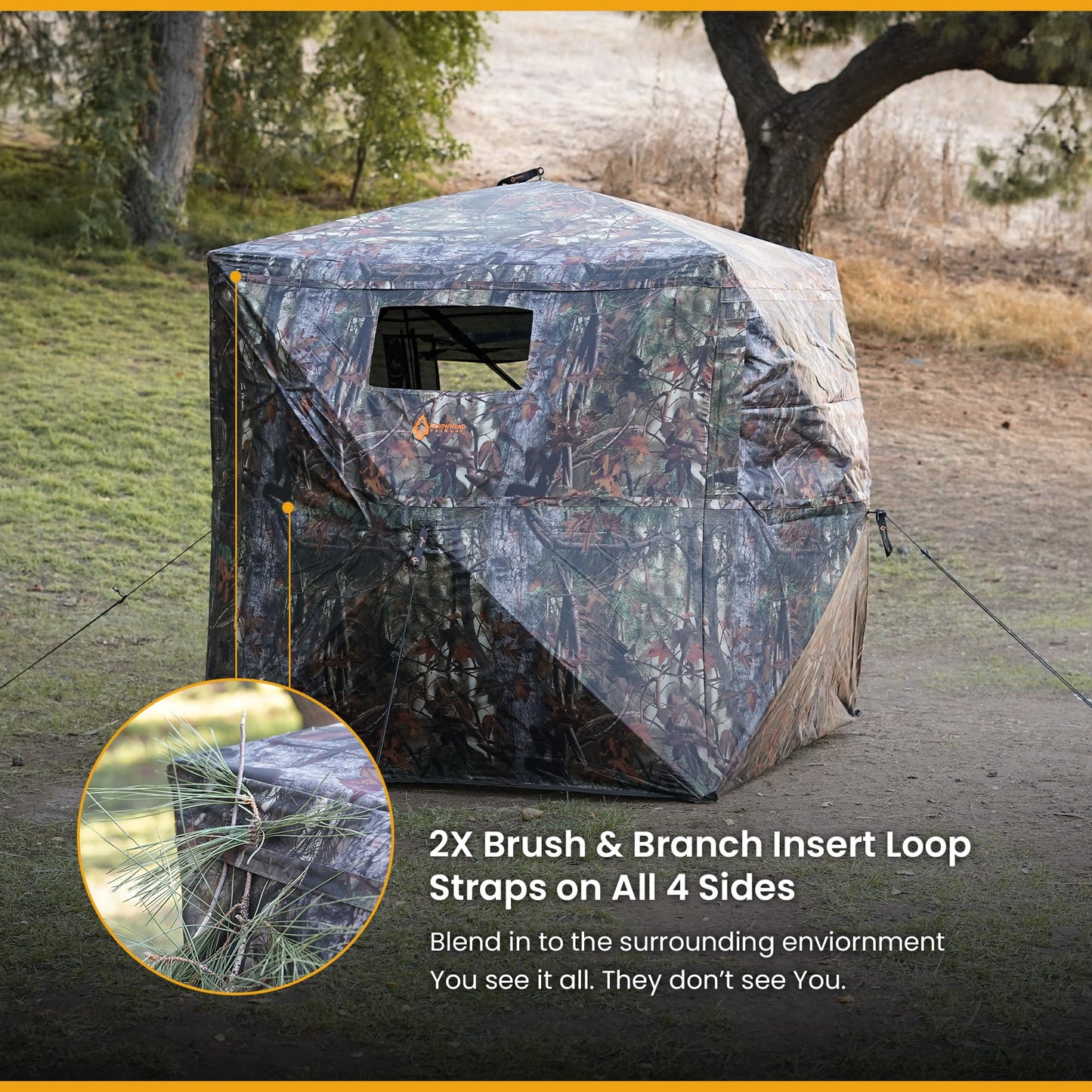 Arrowhead Outdoor 270° Vision 4.8x4.8 Ft Pop-up 2-3 Person See-Through Hunting Stealth Deer Blind Shelter w/Magnetic Door, Sliding Windows and Backpack Carry Bag, Noise-Free Camouflage Design