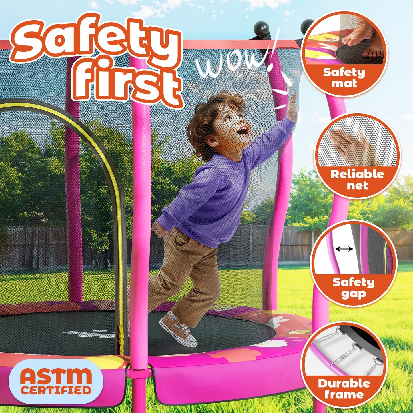 Happin® 55'' Toddler Trampoline Indoor & Outdoor with Safety Enclosure, 5FT Recreational Trampoline for Kids, Ages 1-8 with Basketball Hoop, No-Gap Design, Toddler Gift for Boy & Girl