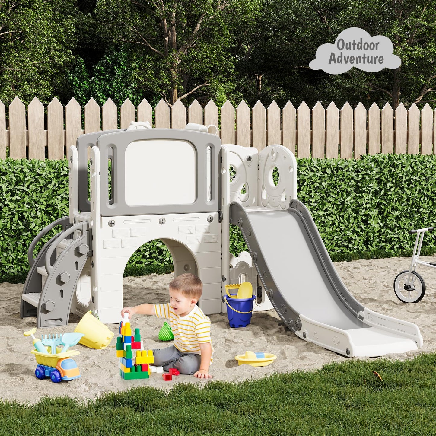 Garvee 8-in-1 Toddler Slide Indoor & Outdoor Playground Playset for Kids-Includes Climber, Basketball Hoop, Telescope, Tunnel, and Storage Space for Backyard & Courtyard Fun