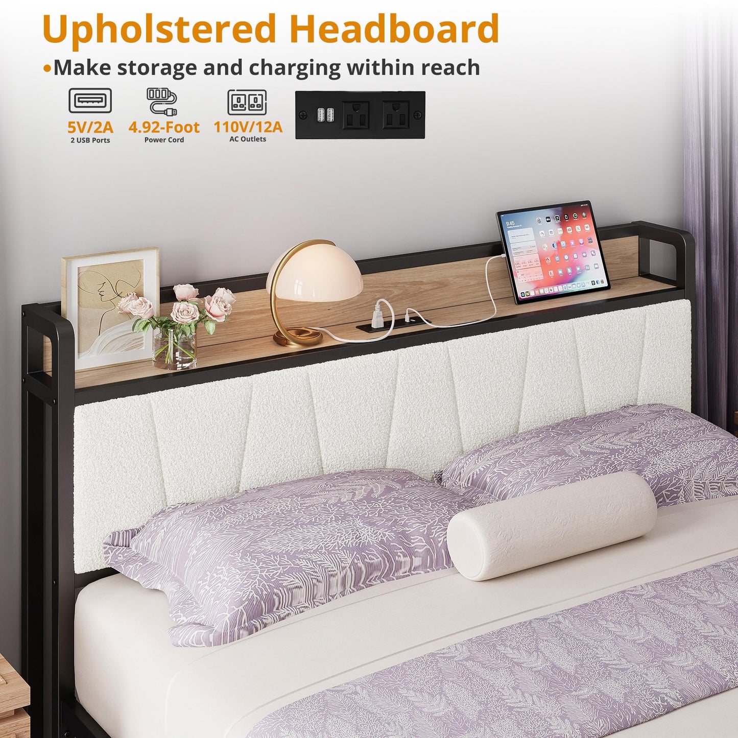 LIKIMIO Queen Size Bed Frame, Storage Headboard with Charging Station, Platform Bed with Drawers, No Box Spring Needed, Easy Assembly, Wood and Cream
