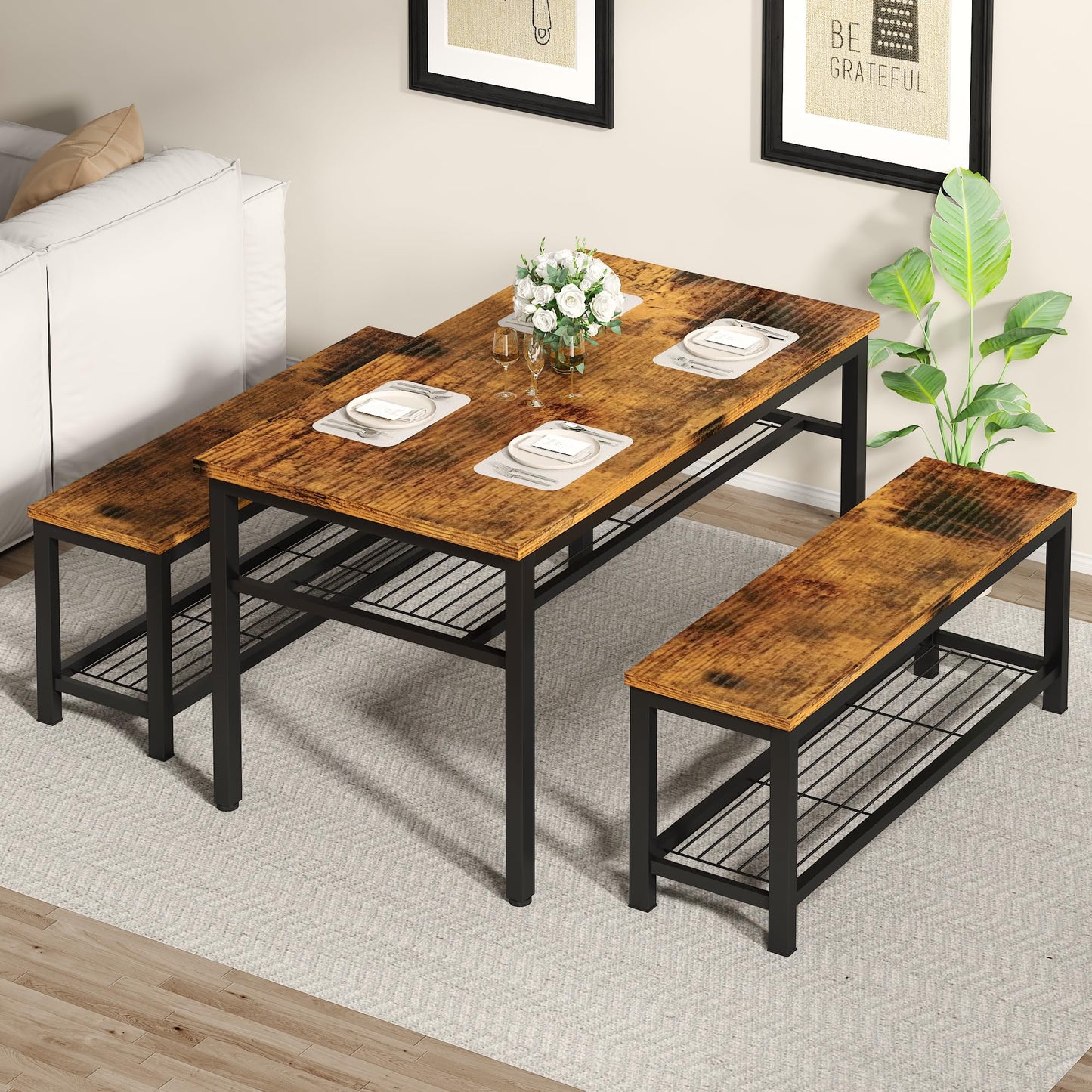 Lamerge 3-Piece Dining Table Set, Industrial Kitchen Table and Chairs Set for 4, Dining Table and 2 Benches with Storage Shelf, Dining Table Set for Dining Room Kitchen, Rustic Brown