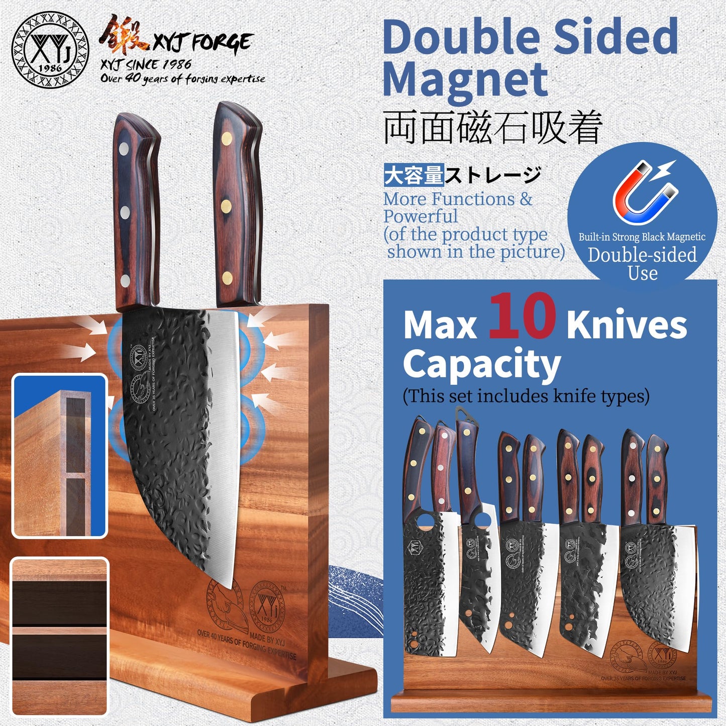 XYJ 9PCS Kitchen Knives Set with Magnetic Knife Block,Honing Steel,Scissors,Cutting Board,Gloves,High Carbon Steel Blades,Knife Block Set,Full Tang,Wood Handle,Bread Cleaver Butcher Knives