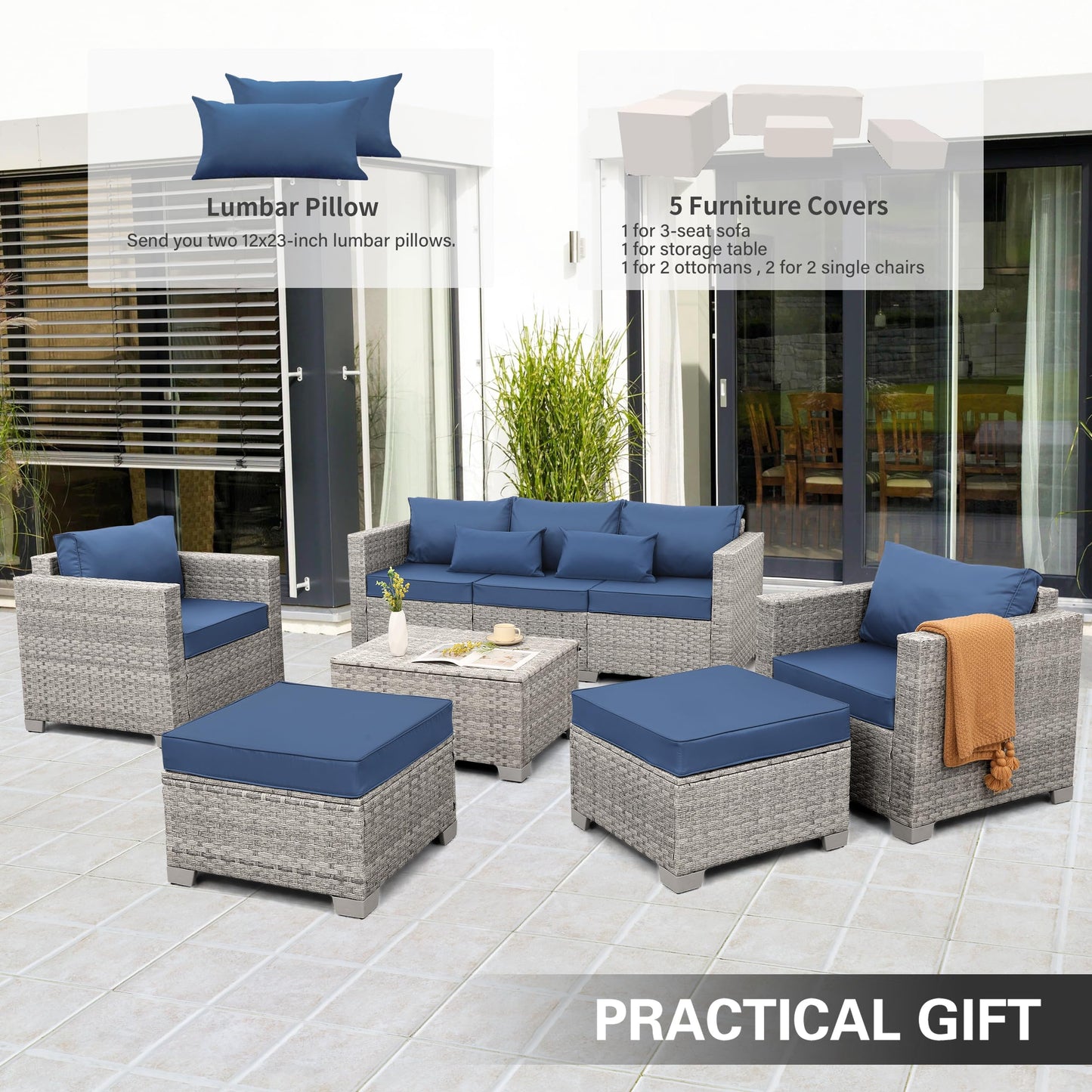 WAROOM Patio Furniture Set 6 Piece PE Rattan Outdoor Conversation Sets Grey Wicker Couch Sectional Sofa with Storage Coffee Table and Navy Blue Cushion