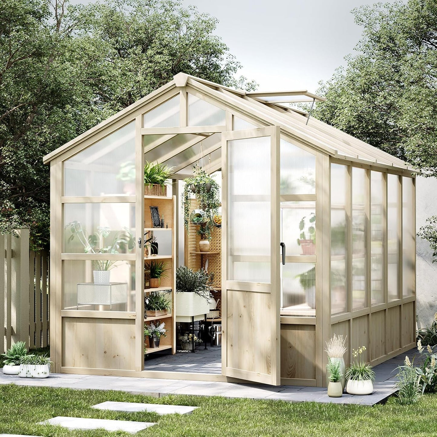 Wooden Greenhouse 8x10 FT, Heavy Duty Greenhouses with Lockable Door and Polycarbonate Panel for Outdoors, Wood Frame & Adjustable Vent, Large Walk-in Greenhouse for Gardens Yards Outside, Light Brown