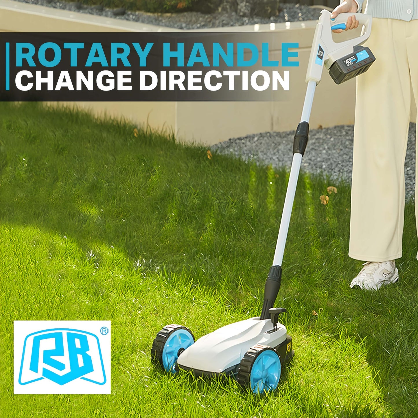 RB 9" Small Lawn Mower for Small Spaces, 40V 2Ah Battery & Charger, Ultra-Light Mini Cordless Lawn Mower with Brushless Motor, 3 Cutting Heights, One-Hand Steering, Upright Storage for Tiny Yards