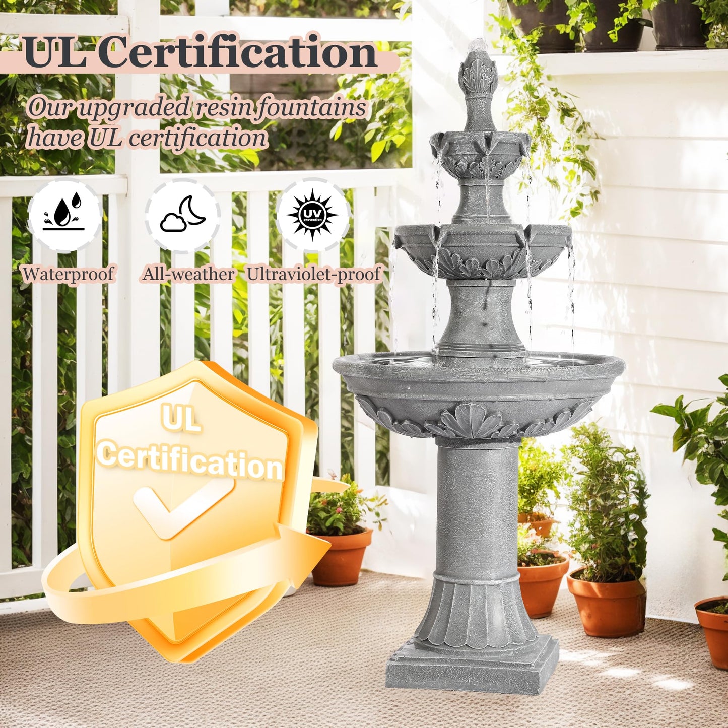 MAGIC UNION Outdoor Garden Water Fountains, 48.4''H Italian Style Fountain and Waterfall Outside, 3-Tier Large Bubbler Cascading Indoor Floor Fountain Features with Pump for Home Yard Decor (Gray)