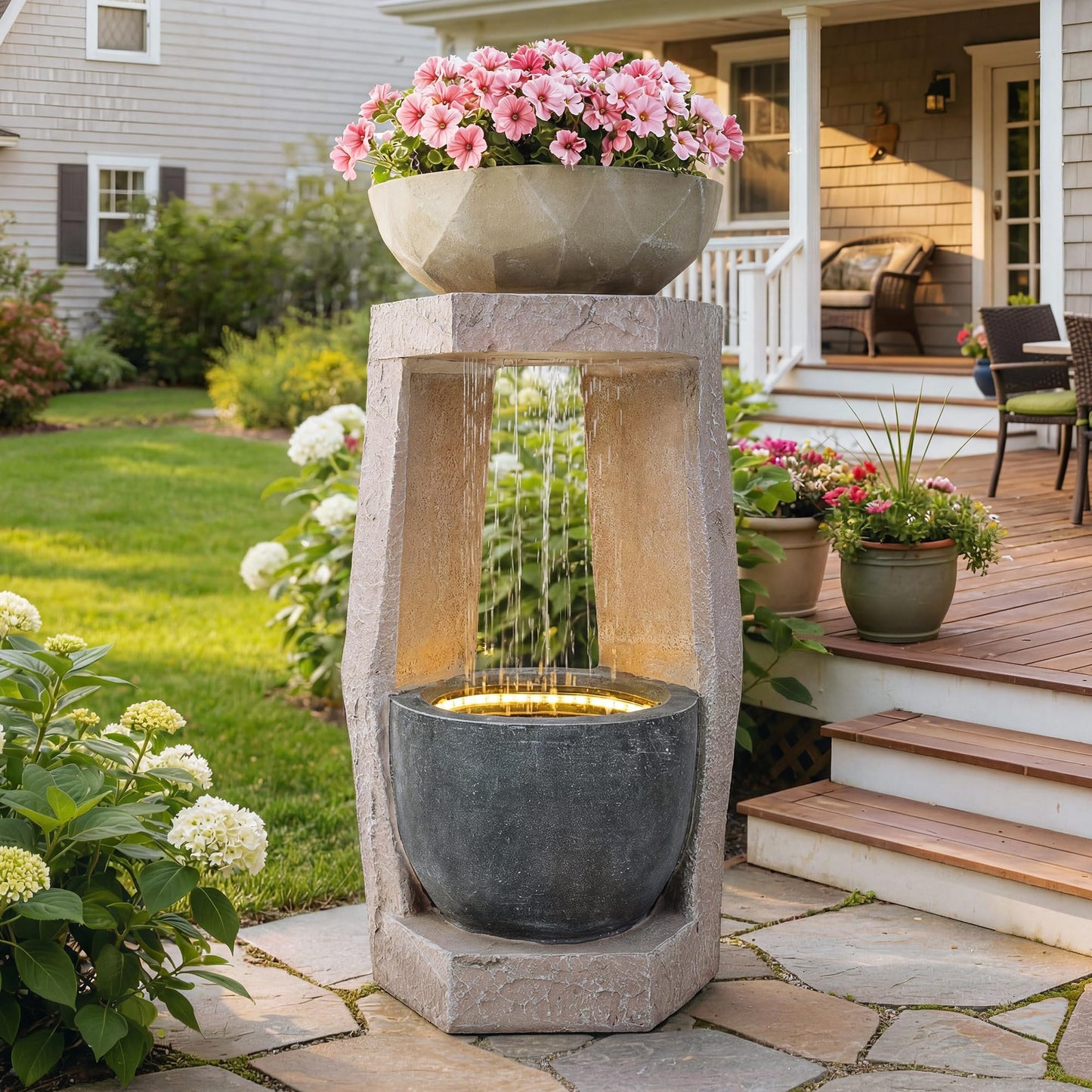 Ultym 32" Outdoor Fountain, Modern Geometric Two Bowls Water Feature with LED Lights, Resin Soothing Cascading Waterfall for Patio, Backyard, Garden or Porch