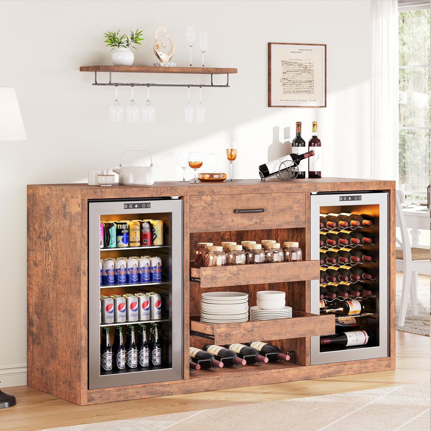 Jocoevol Large Coffee Bar Cabinet with Fridge Space, Mini Fridge Cabinet with Power Outlets and Wine Rack, Farmhouse Design Liquor Cabinet for Living Room, Kitchen, Entryway, Rustic Brown