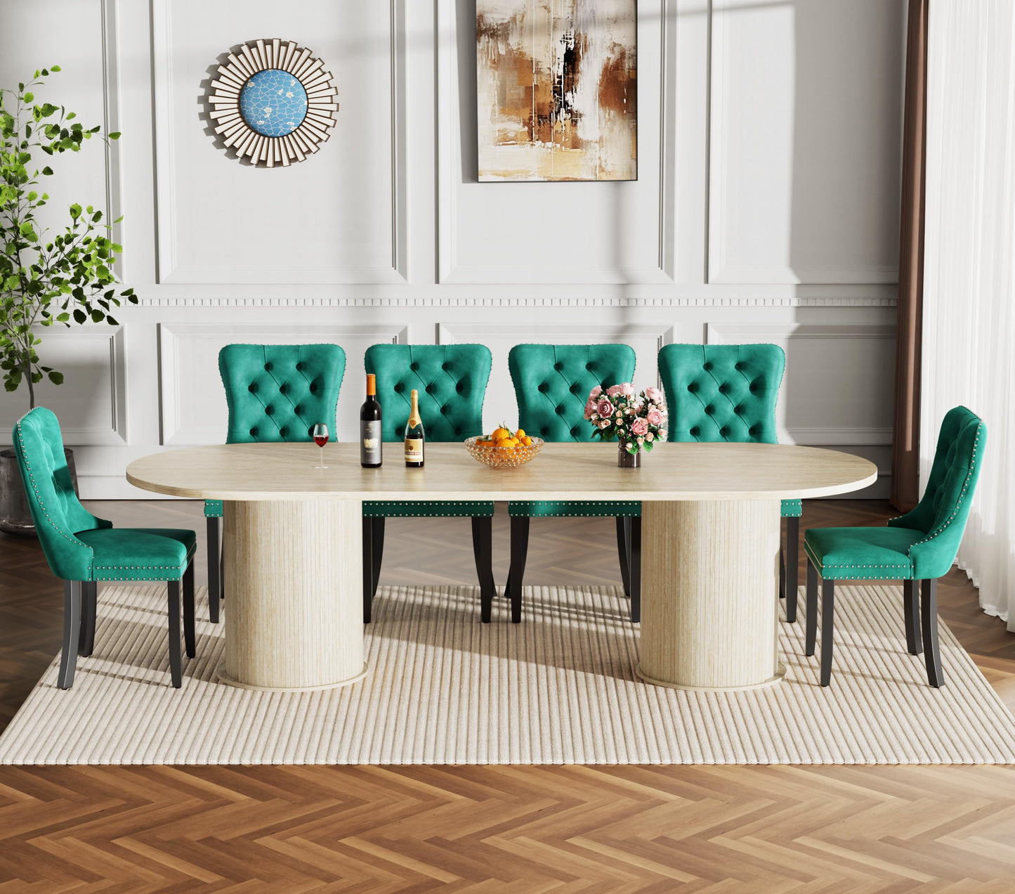 11 Piece Extendable Dining Table Set with 10 Green Upholstered Chairs, 63"-95" Faux Mars Oval Kitchen Table Set with Storage for 10, Space-Saving Expandable Dining Room Table Set w/Wood Fluted Base