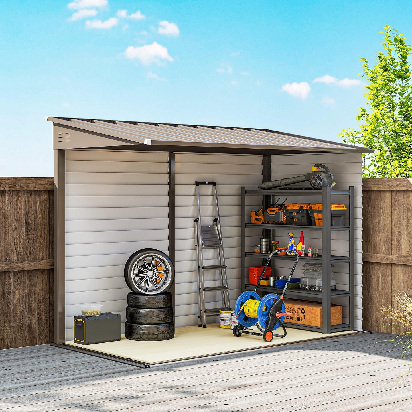 Outsunny 4.6' x 9' Steel Outdoor Storage Shed, Lean to Shed, Metal Tool House with Foundation Kit, Lockable Doors, Gloves and 2 Air Vents for Backyard, Patio, Lawn, Brown