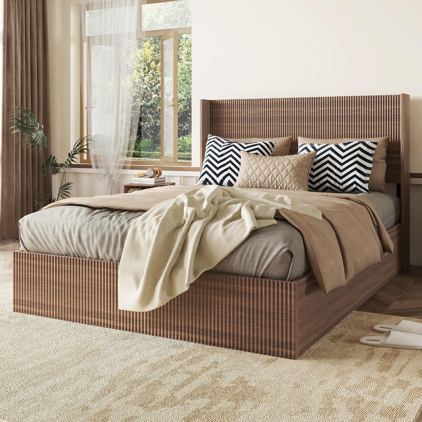Lift Up Storage Bed Queen Size, Queen Bed Frame with Headboard and Lift Storage System, Wood Headboard with Wing-Back and Convex Groove Board Design