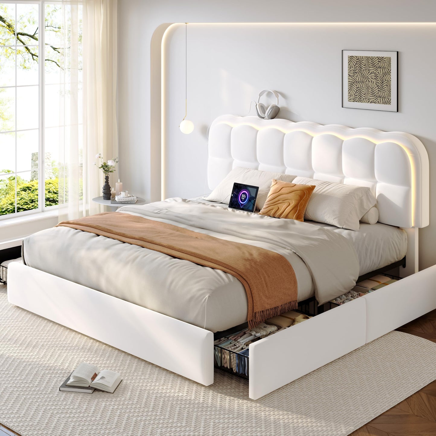 CypBed Queen Size Bed Frame with 4 Storage Drawers & LED Lights, Velvet Upholstered Platform Bed Frame with Charing Station and Adjustable Headboard, Wood Slats Support, No Box Spring Needed, White