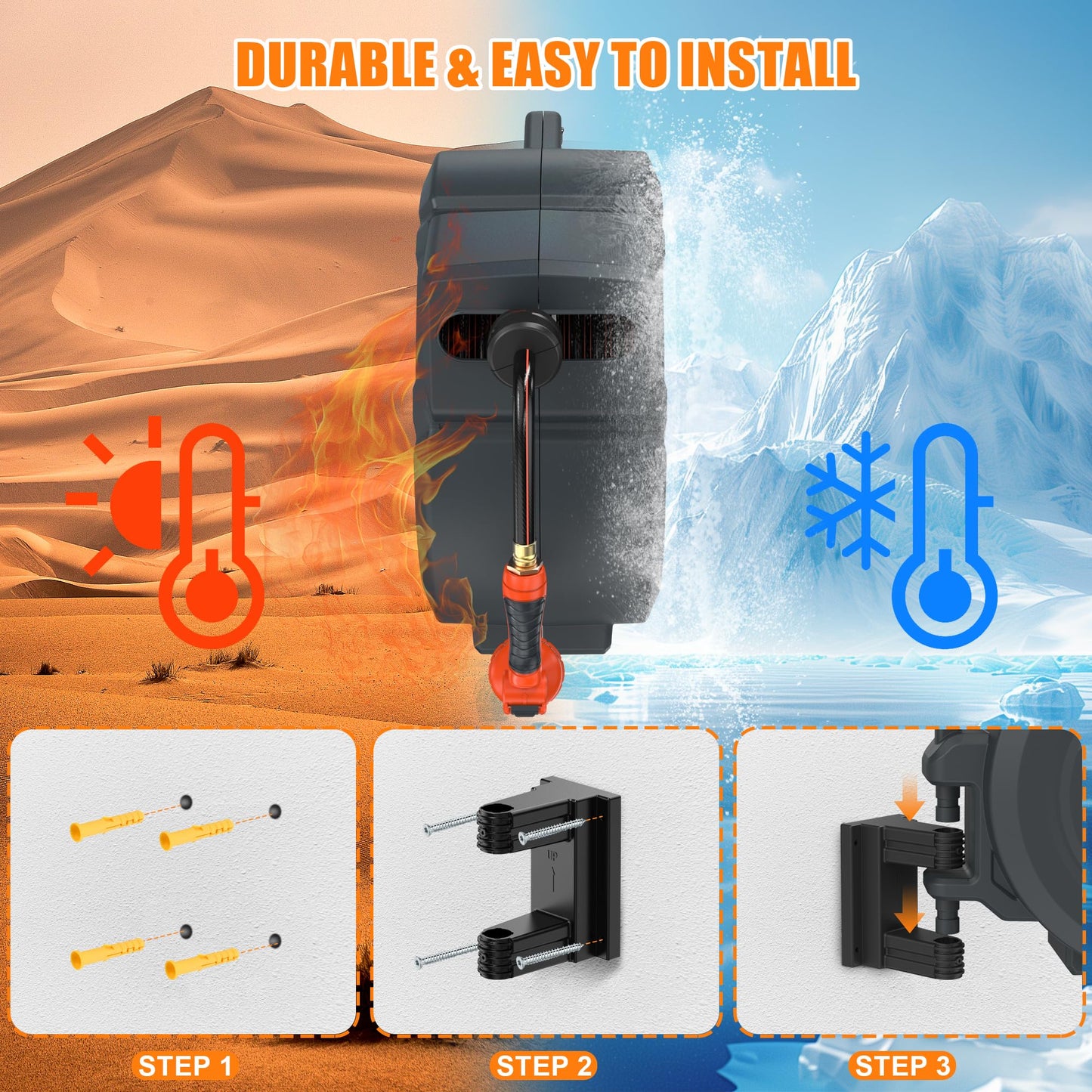 NEOTEC Retractable Garden Hose Reel 1/2 inch x 150ft - Wall Mounted Heavy Duty Hose Reel with 3/4 Inch Brass Fittings & 9-Pattern Nozzle - Auto Rewind System, Any Length Lock, 180° Swivel Bracket