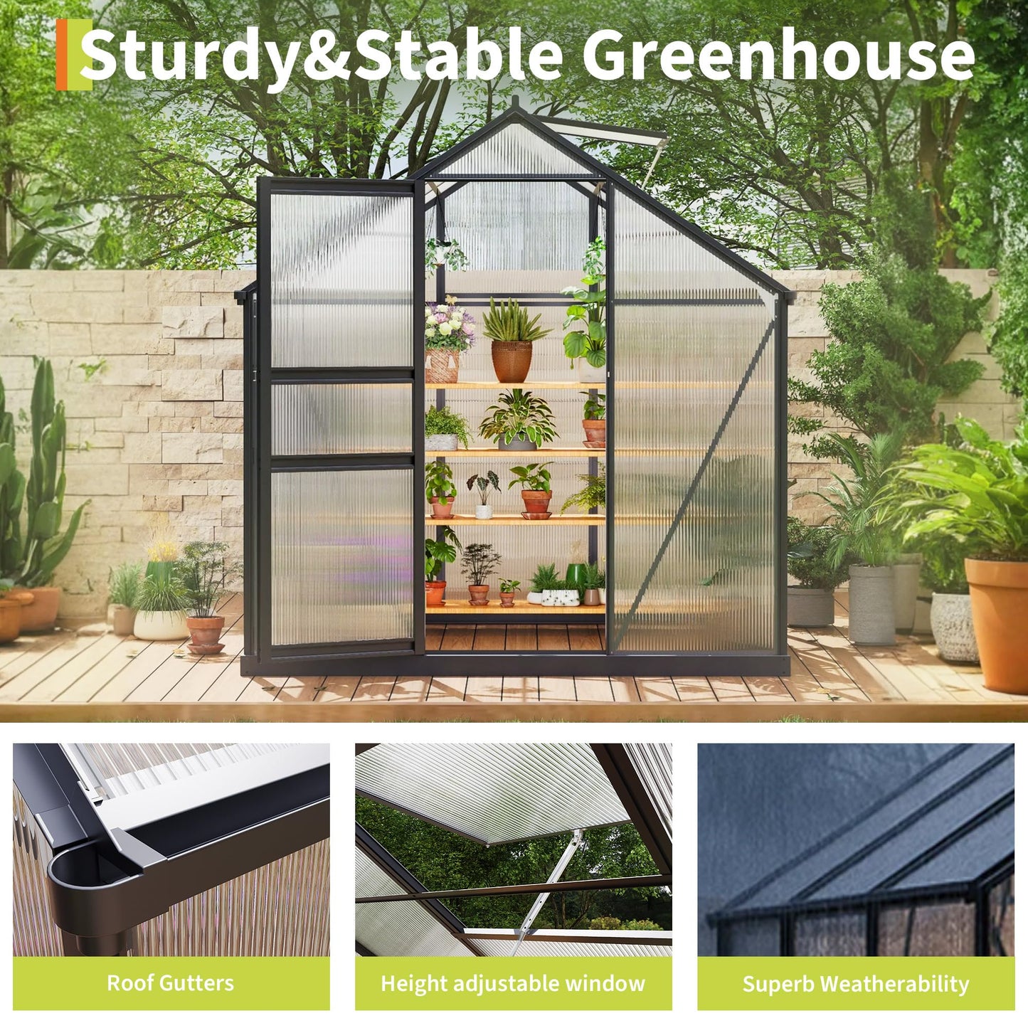 Greenhouses for Outdoors, Polycarbonate Greenhouse with Quick Setup Structure & Roof Vent, Heavy Duty Frame Walk-in Green Houses for Outside Garden Backyard