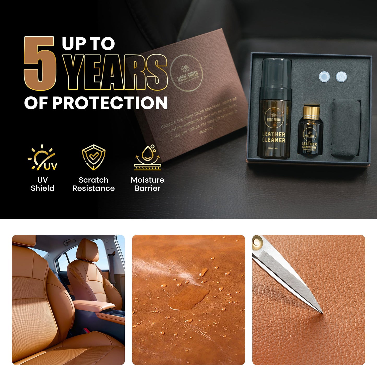 Magic Shield Graphene Leather Care Coating- Lasts 5 Years+ in Real World - Advance SiO2 Protection, UV & Water Resistant, Perfect for Cars, Motorcycles, Marine, RVs, Furniture and Shoes