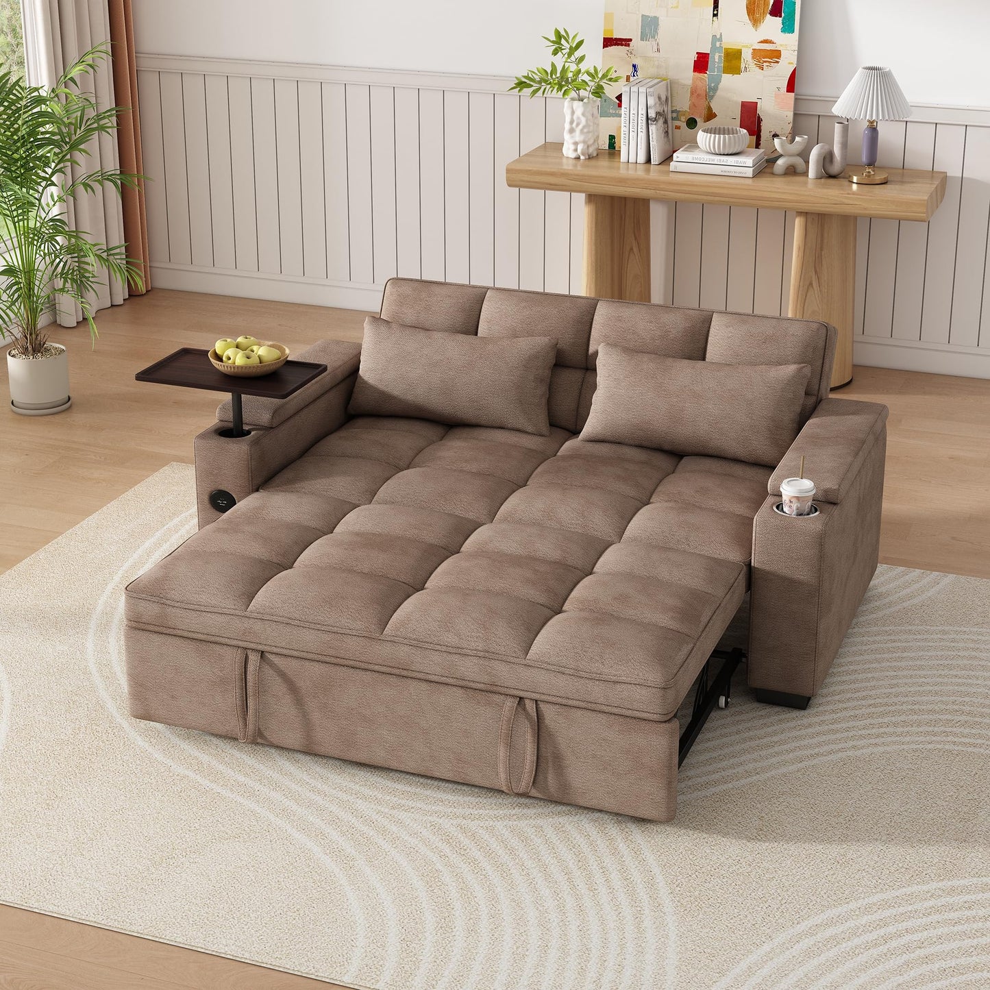 KEIKI 65" 3-in-1 Convertible Sofa Bed, Compact Sleeper Couch with Pull-Out Design, Rotating Side Table, USB Charging Ports & Storage Armrests for Guest Room & Small Spaces