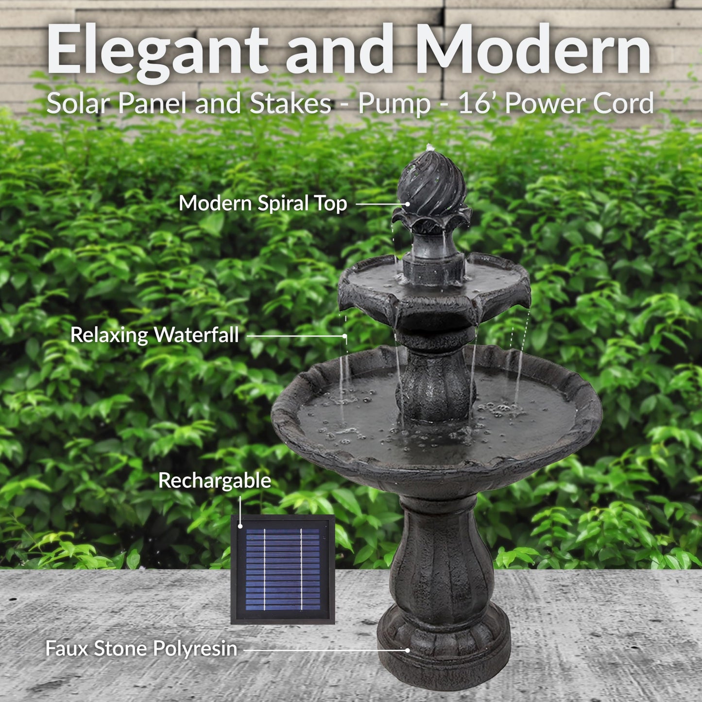 Sunnydaze 35" Solar 2-Tier Outdoor Water Fountain - Outdoor Water Fountain with Battery Backup and Pump - Black