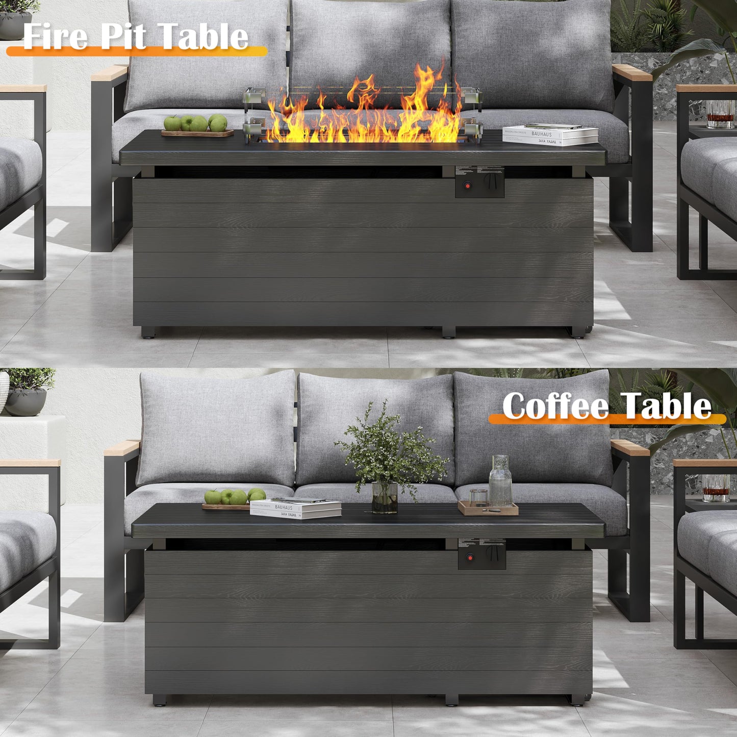 Sundale Outdoor 51 Inch Outdoor Fire Pit Table, 50,000BTU Rectangle Propane Fire Pit with Sliding Tank Holder, Glass Wind Guard, Removable Lid, CSA Certified, Gray